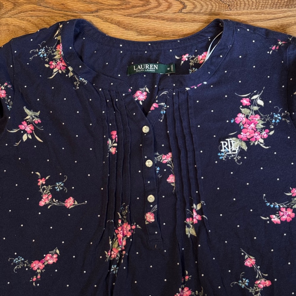 Lauren Ralph Lauren Navy Floral Polka Dot Henley Bell Sleeve Sleep Shirt M - Picture 4 of 9